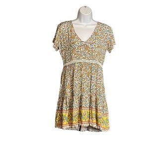 Shein Women's Smock Floral Dress Summer Beach Bohemian V Neck Yellow Size Medium